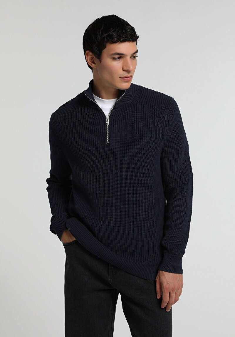 Regular Fit High Neck Jakarlı Erkek Lacivert Kazak