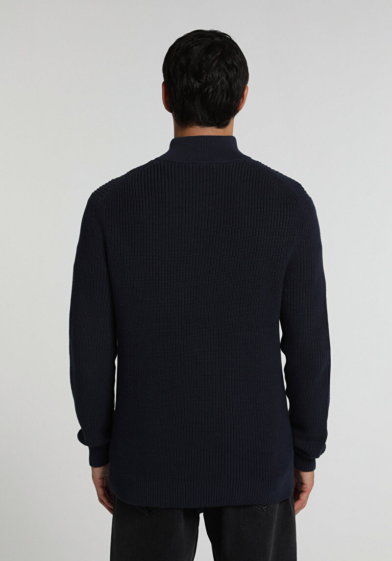 Regular Fit High Neck Jakarlı Erkek Lacivert Kazak