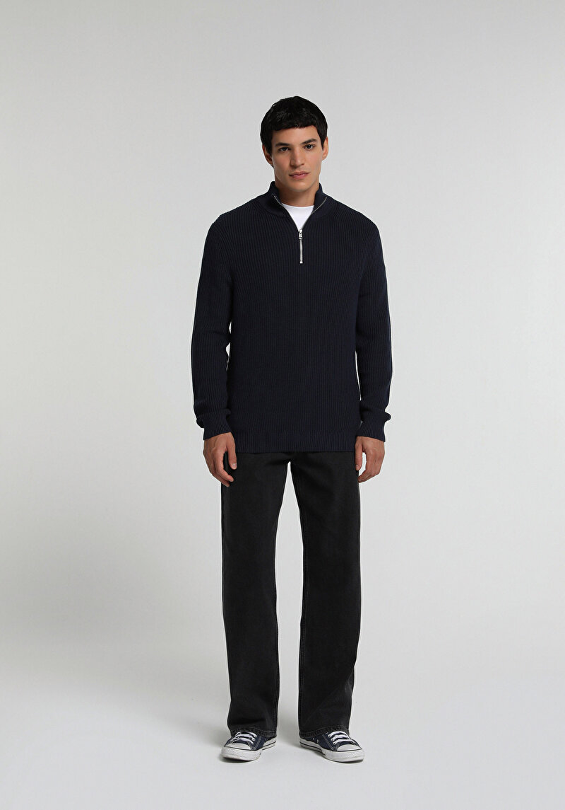 Regular Fit High Neck Jakarlı Erkek Lacivert Kazak