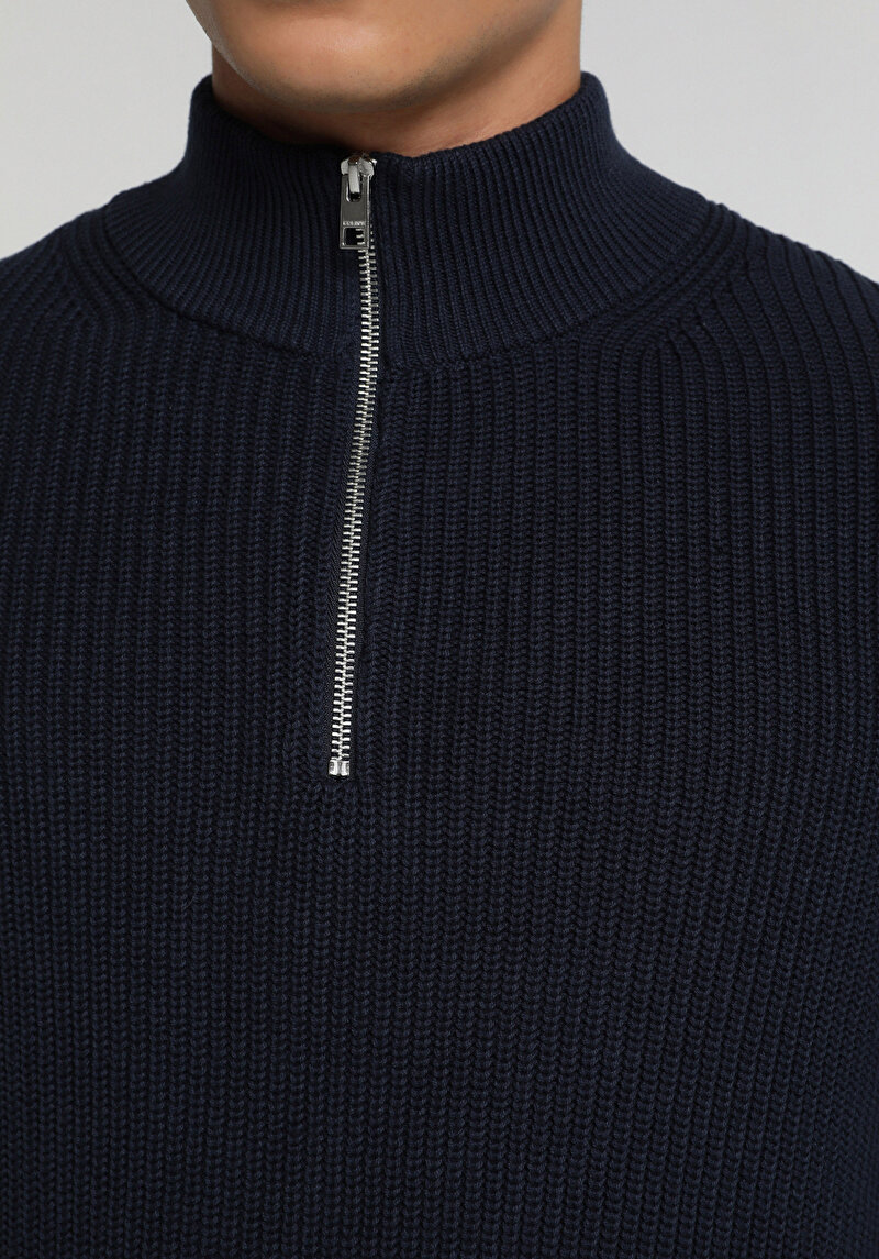 Regular Fit High Neck Jakarlı Erkek Lacivert Kazak