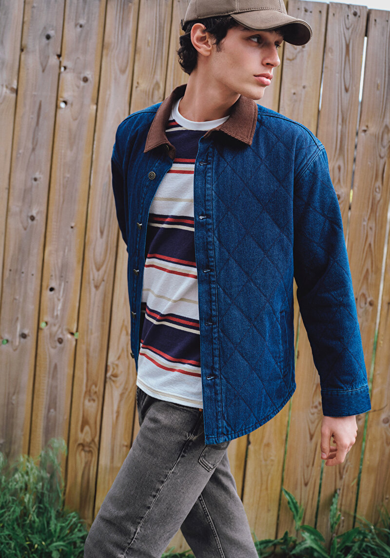 Oversize Fit Düğmeli Astarlı Erkek Dark İndigo Denim Ceket