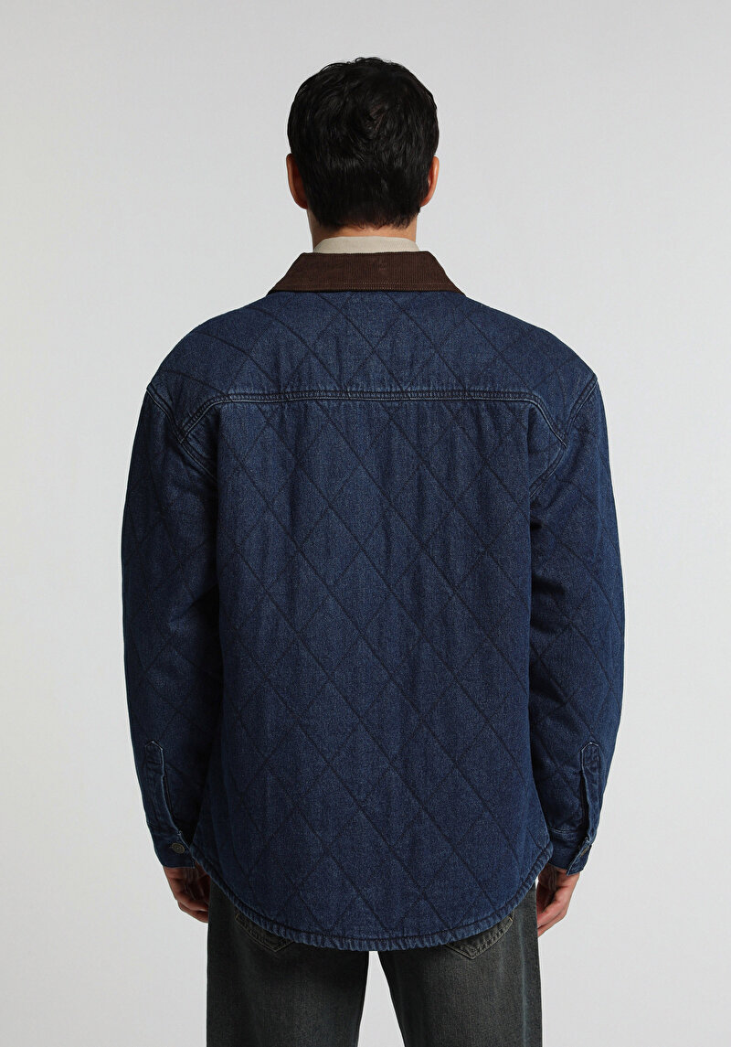 Oversize Fit Düğmeli Astarlı Erkek Dark İndigo Denim Ceket