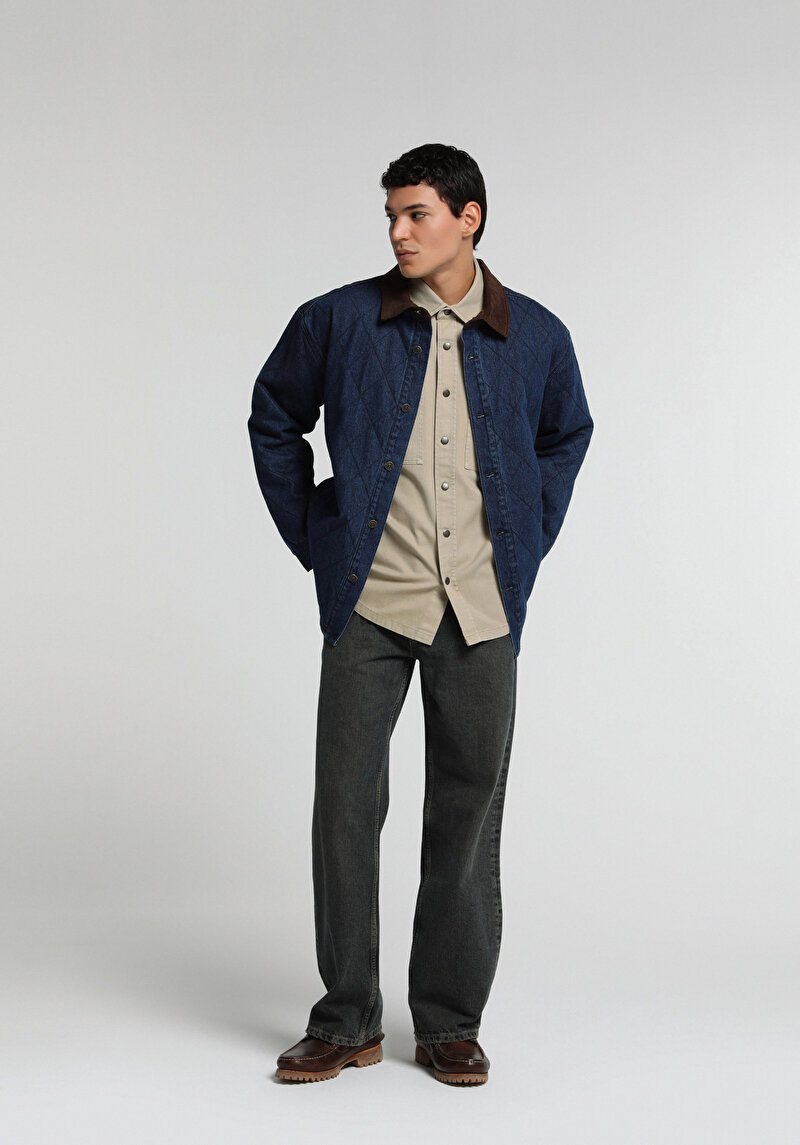 Oversize Fit Düğmeli Astarlı Erkek Dark İndigo Denim Ceket