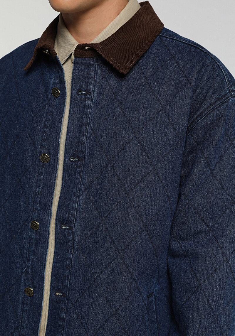 Oversize Fit Düğmeli Astarlı Erkek Dark İndigo Denim Ceket