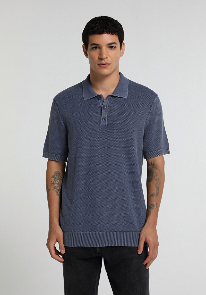 Regular Fit Polo Yaka Düz Erkek Mavi Kısa Kol Kazak