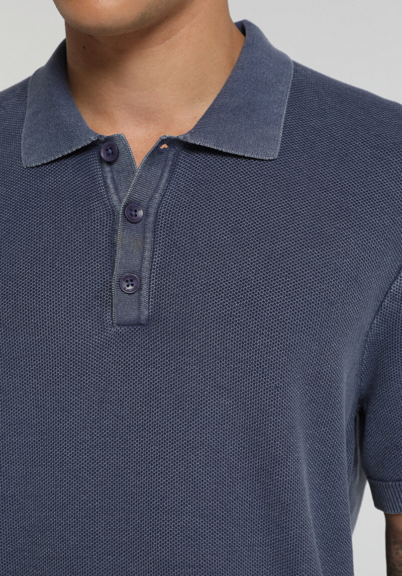 Regular Fit Polo Yaka Düz Erkek Mavi Kısa Kol Kazak