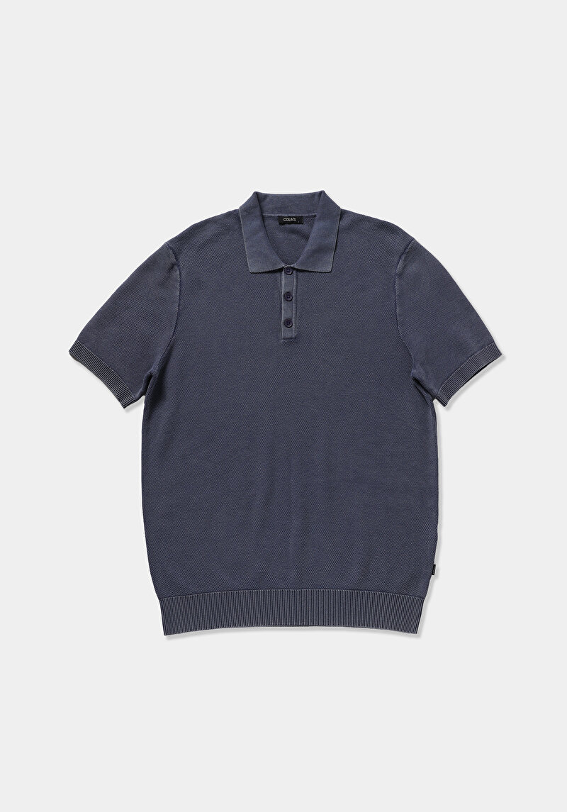 Regular Fit Polo Yaka Düz Erkek Mavi Kısa Kol Kazak