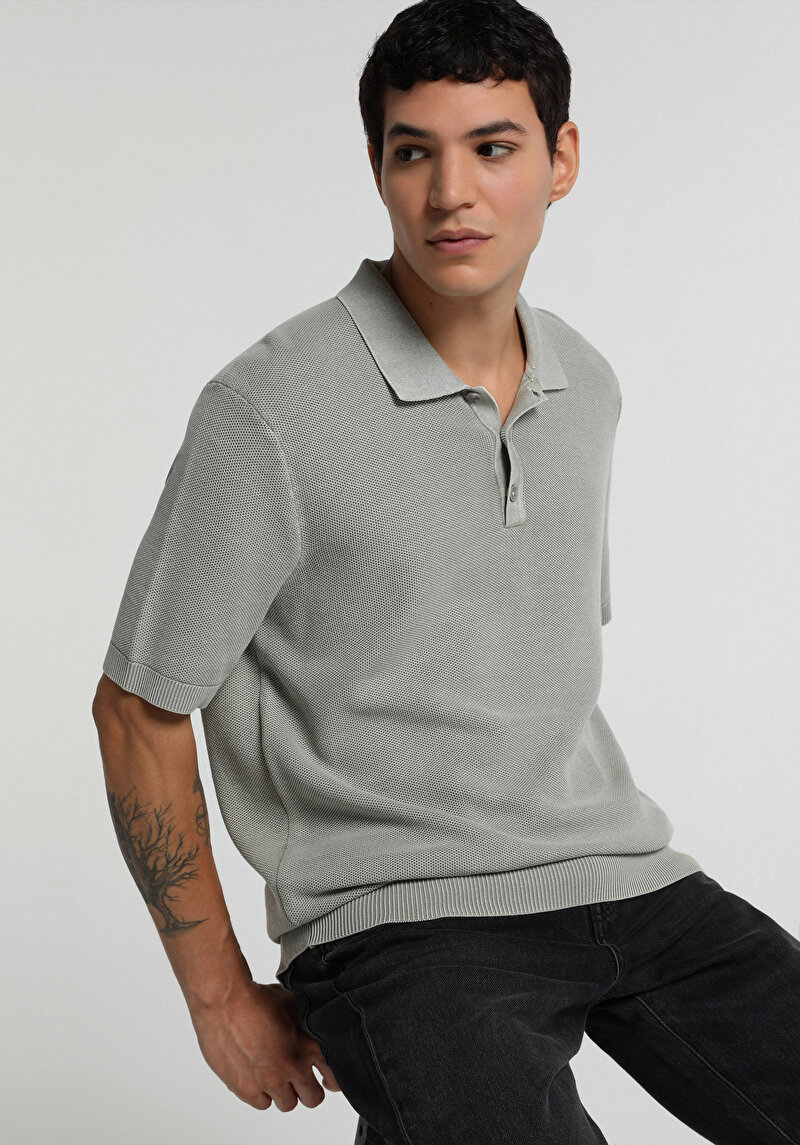Regular Fit Polo Yaka Düz Erkek Gri Kısa Kol Kazak