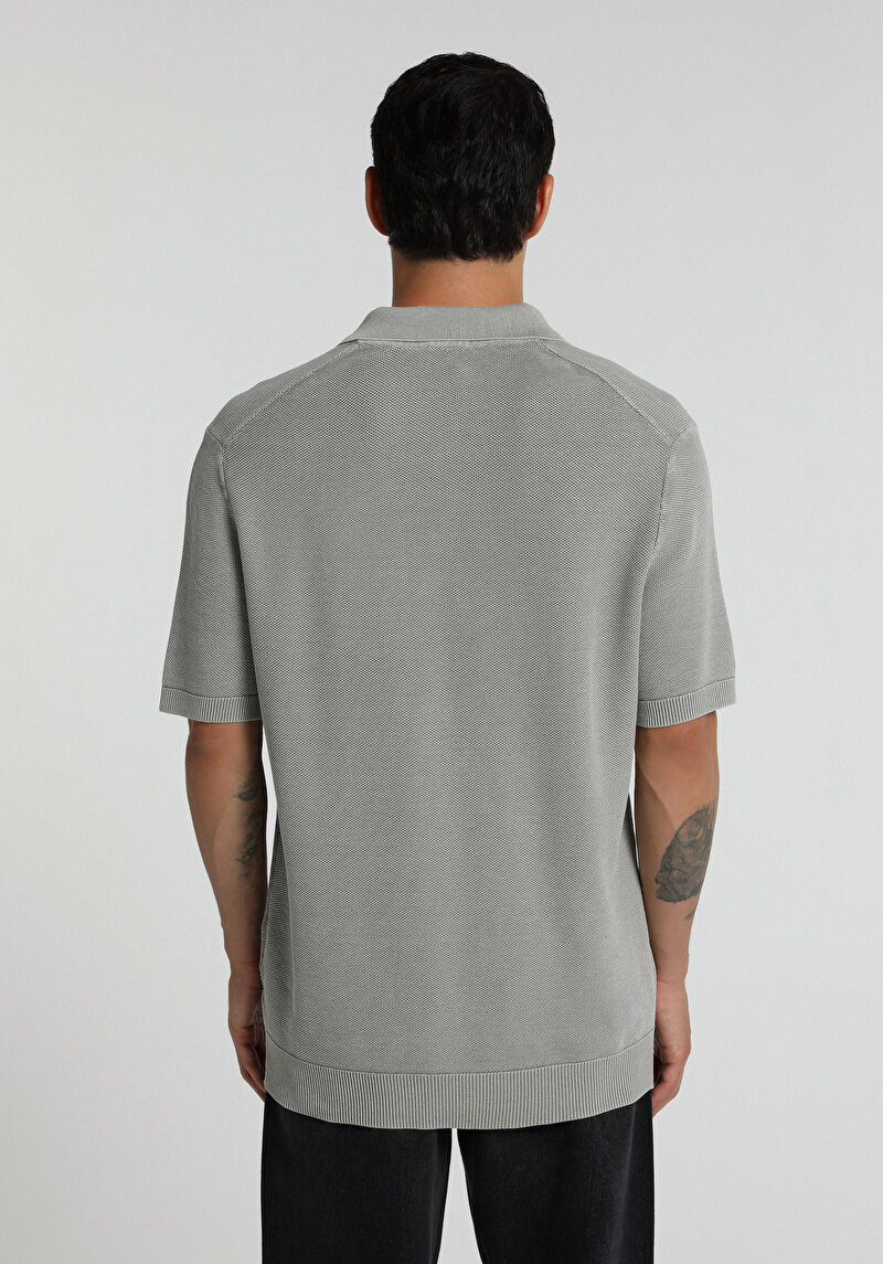 Regular Fit Polo Yaka Düz Erkek Gri Kısa Kol Kazak