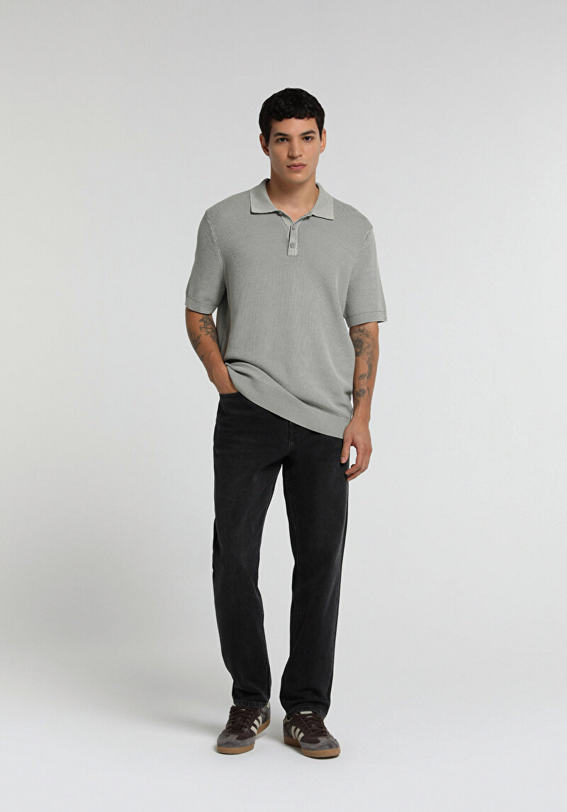 Regular Fit Polo Yaka Düz Erkek Gri Kısa Kol Kazak