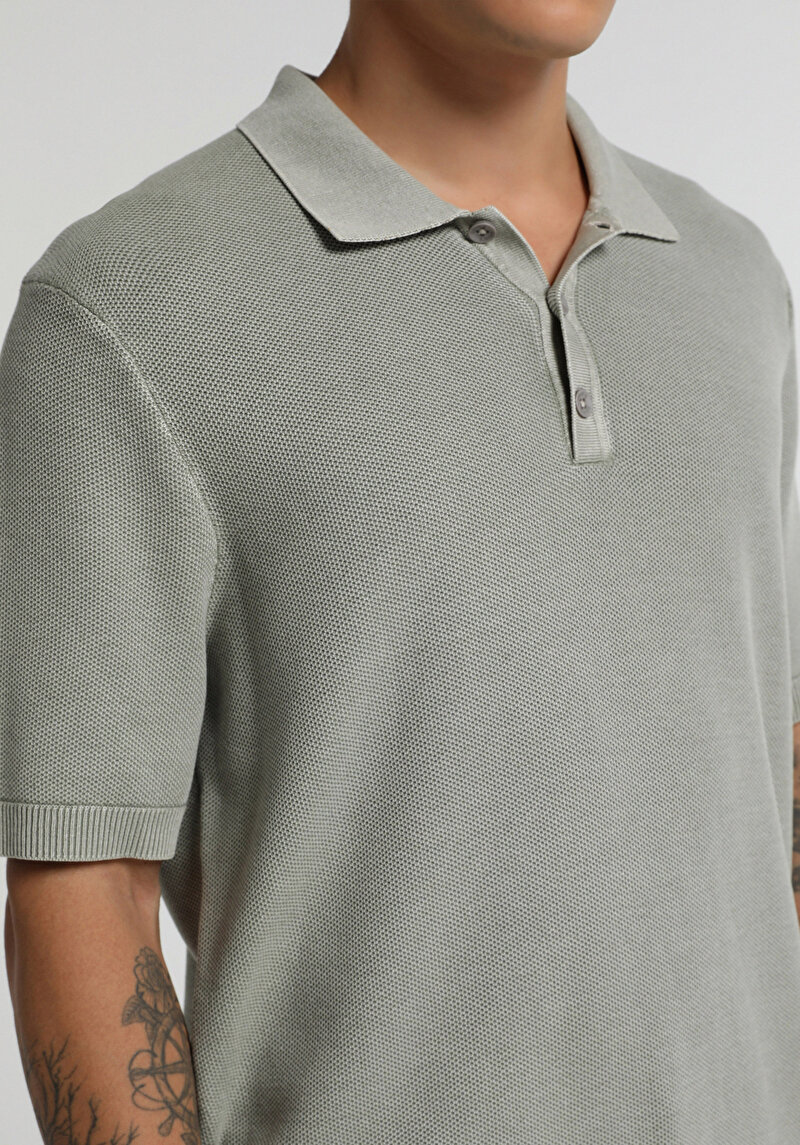 Regular Fit Polo Yaka Düz Erkek Gri Kısa Kol Kazak