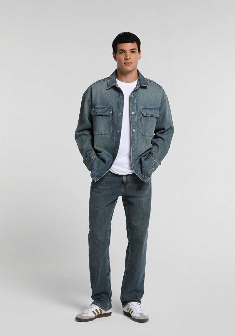 Relaxed Straight Fit Erkek Mid İndigo Denim Jean Pantolon