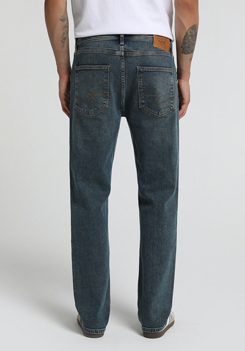 Relaxed Straight Fit Erkek Mid İndigo Denim Jean Pantolon