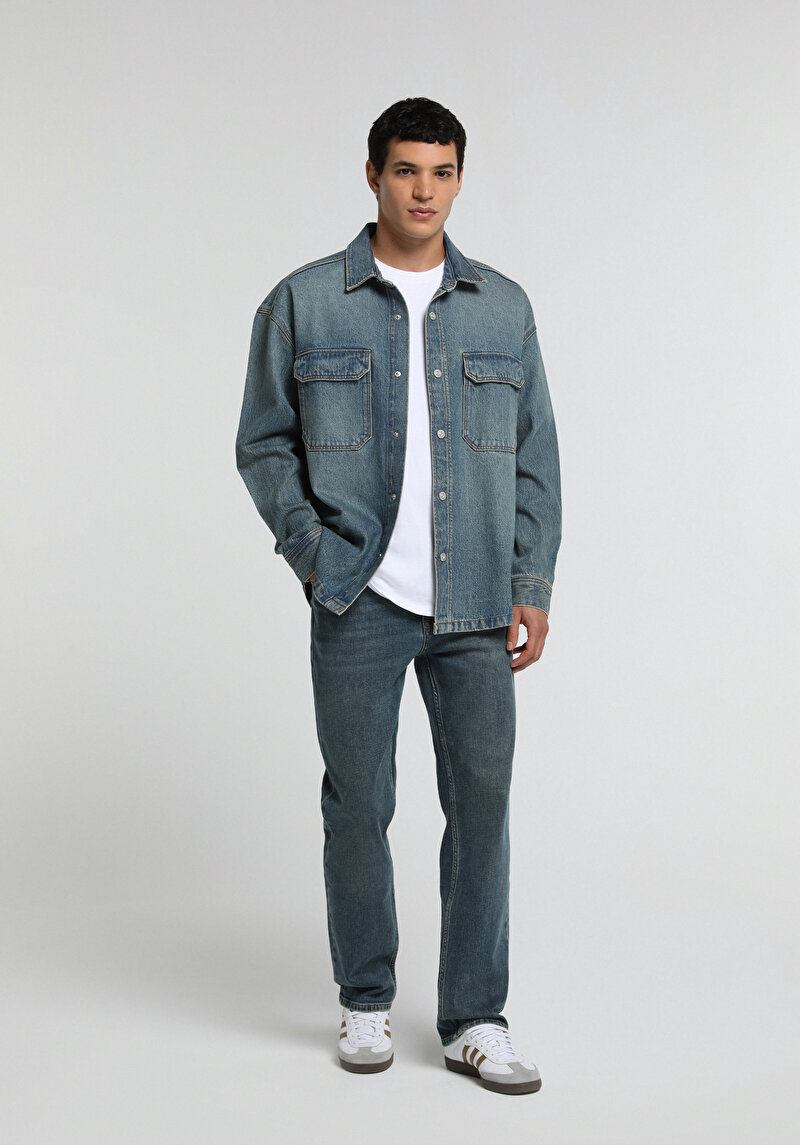 Relaxed Straight Fit Erkek Mid İndigo Denim Jean Pantolon