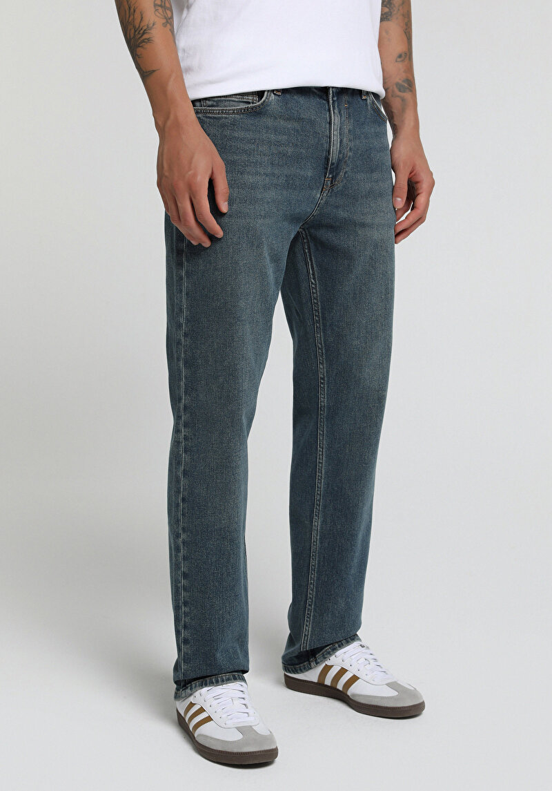 Relaxed Straight Fit Erkek Mid İndigo Denim Jean Pantolon