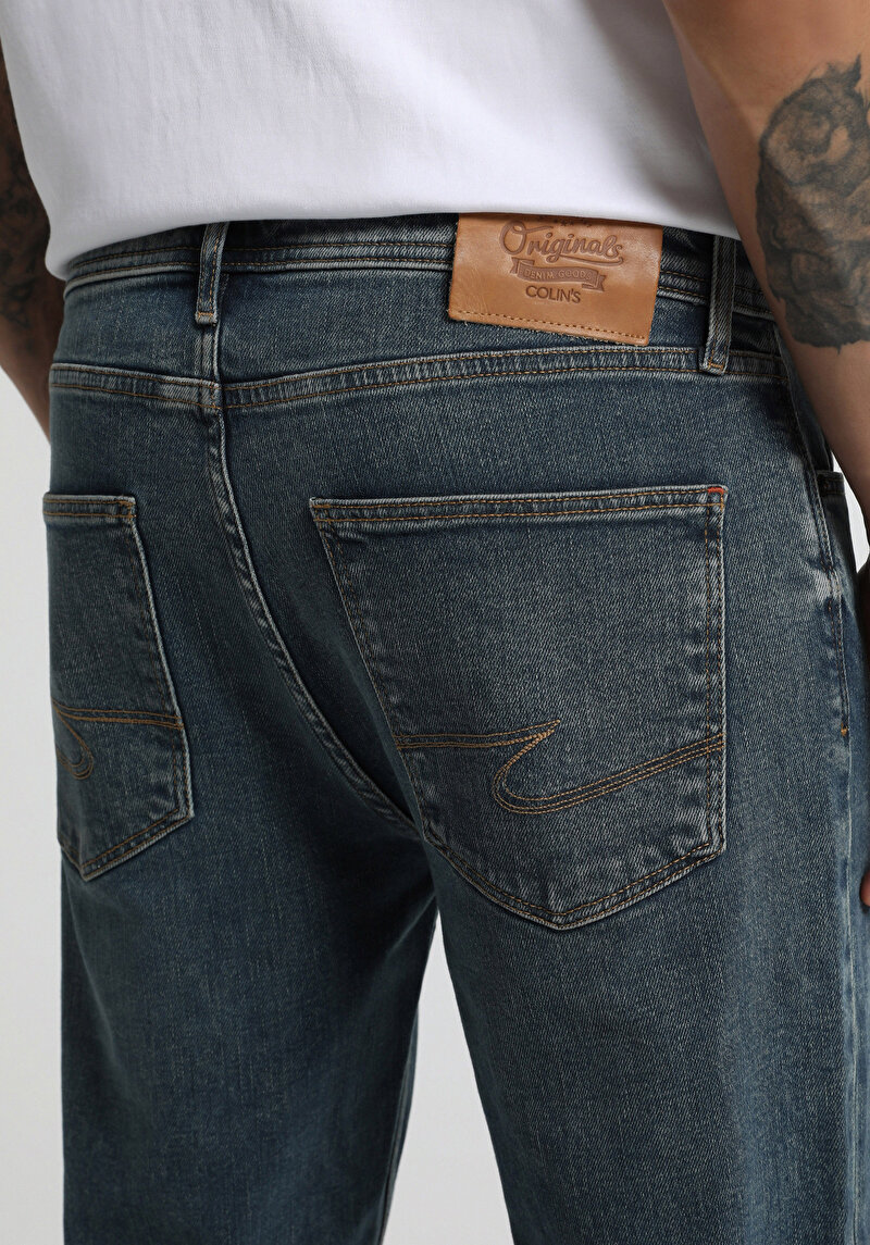 Relaxed Straight Fit   Erkek Mid İndigo Denim Jean Pantolon