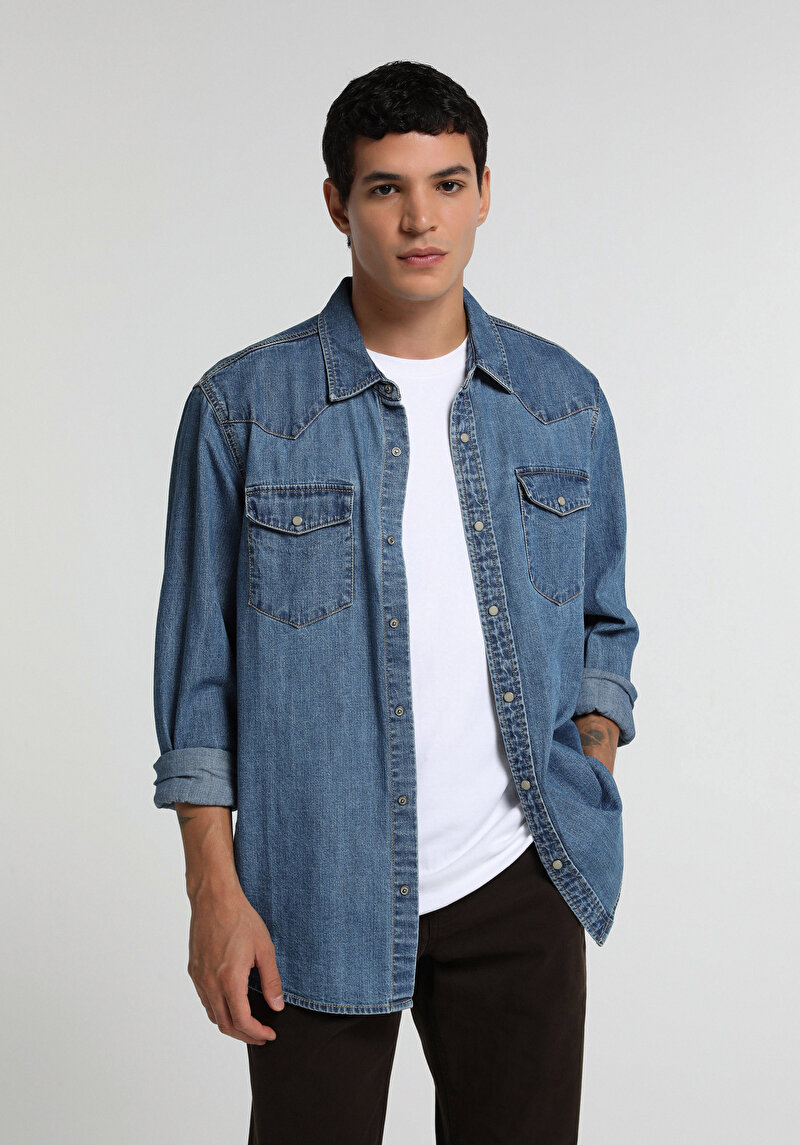 Regular Fit Klasik Yaka Düz Erkek Mid İndigo Denim Uzun Kol Gömlek