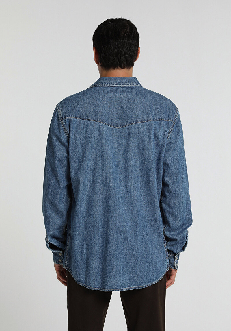 Regular Fit Klasik Yaka Düz Erkek Mid İndigo Denim Uzun Kol Gömlek