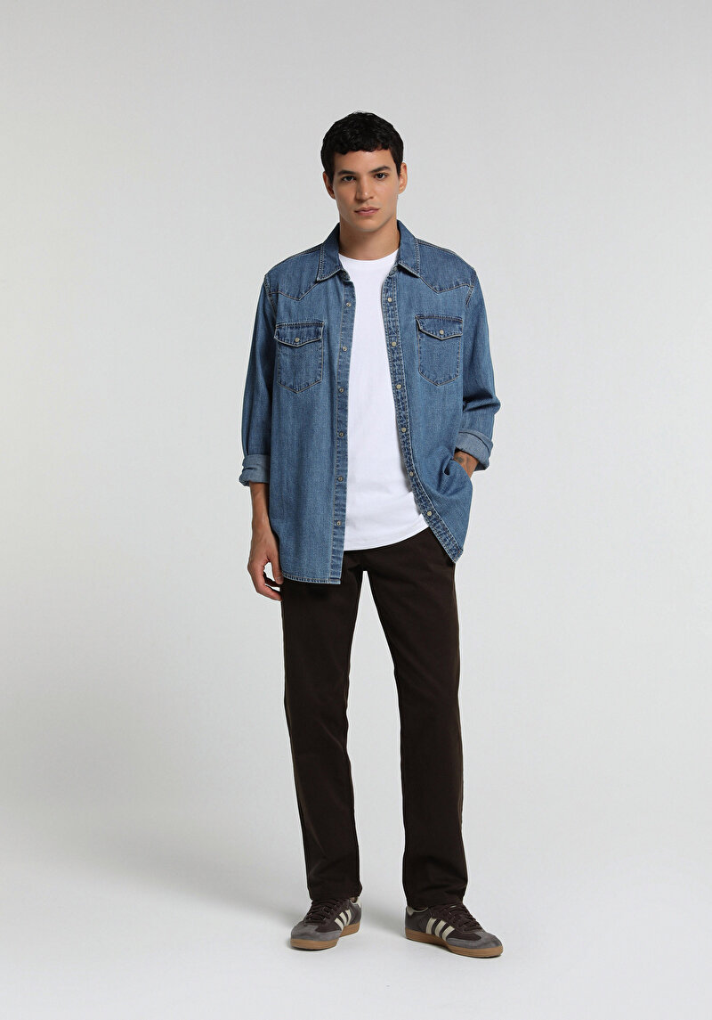 Regular Fit Klasik Yaka Düz Erkek Mid İndigo Denim Uzun Kol Gömlek