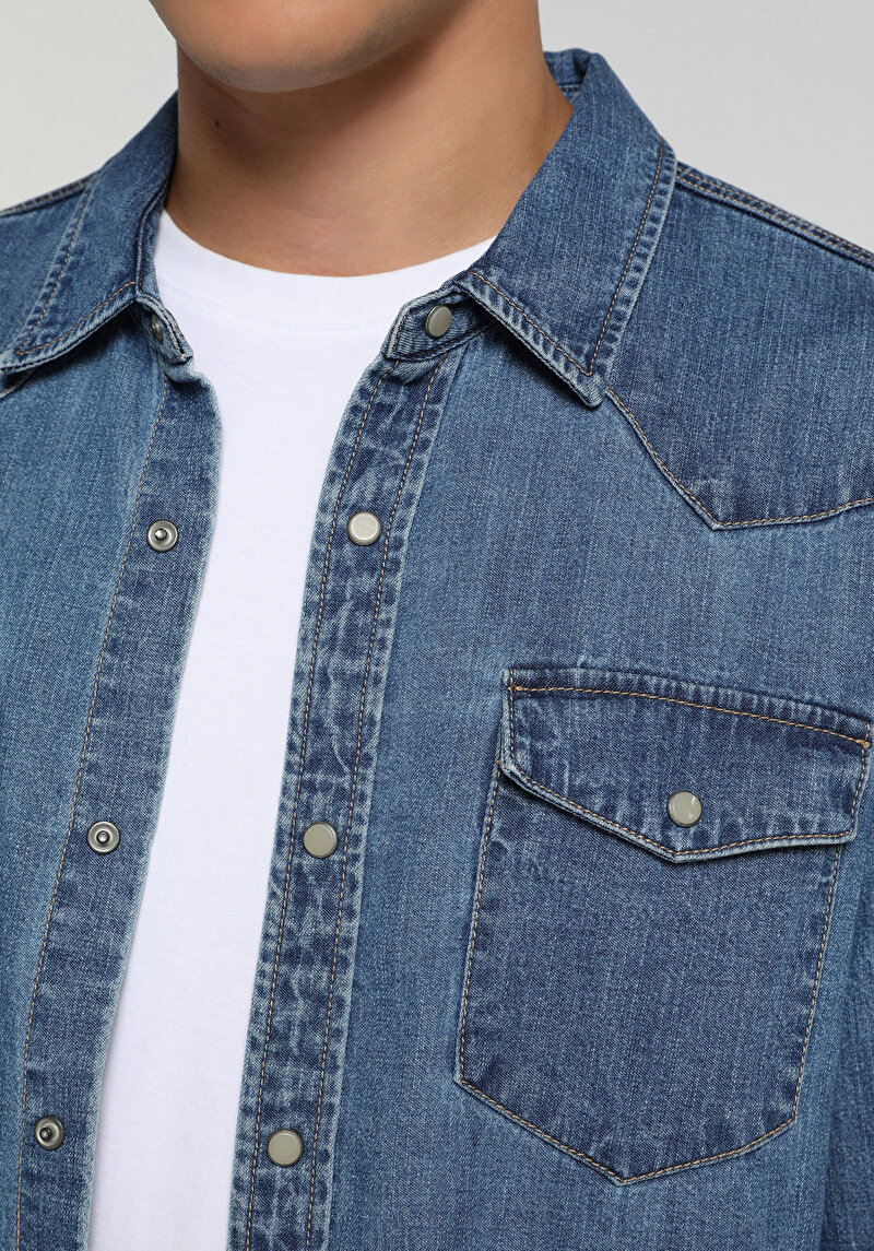 Regular Fit Klasik Yaka Düz Erkek Mid İndigo Denim Uzun Kol Gömlek