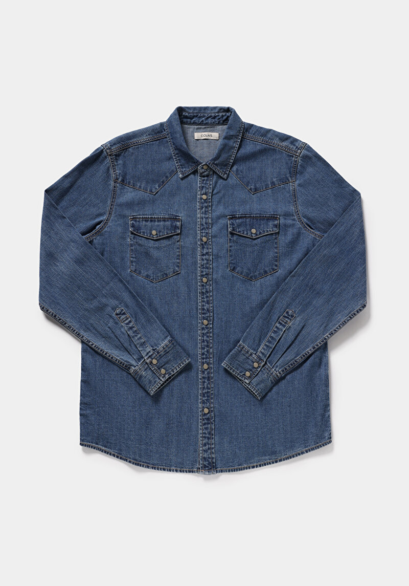 Regular Fit Klasik Yaka Düz Erkek Mid İndigo Denim Uzun Kol Gömlek
