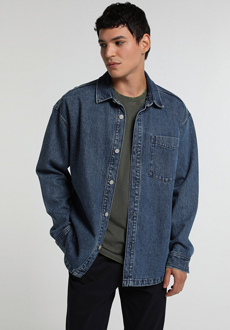 Oversize Fit Erkek Mid İndigo Denim Shacket