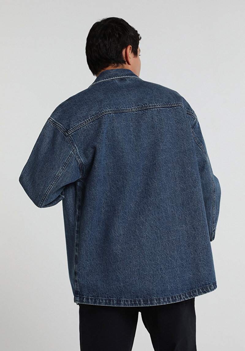 Oversize Fit Erkek Mid İndigo Denim Shacket