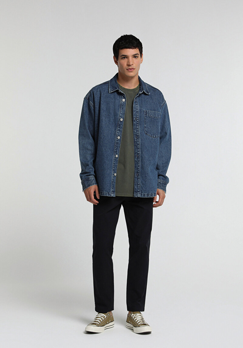Oversize Fit Erkek Mid İndigo Denim Shacket