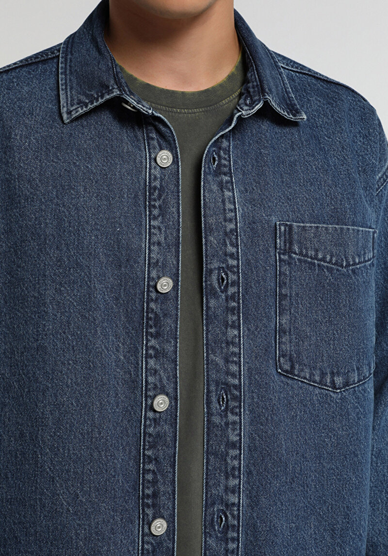Oversize Fit Erkek Mid İndigo Denim Shacket