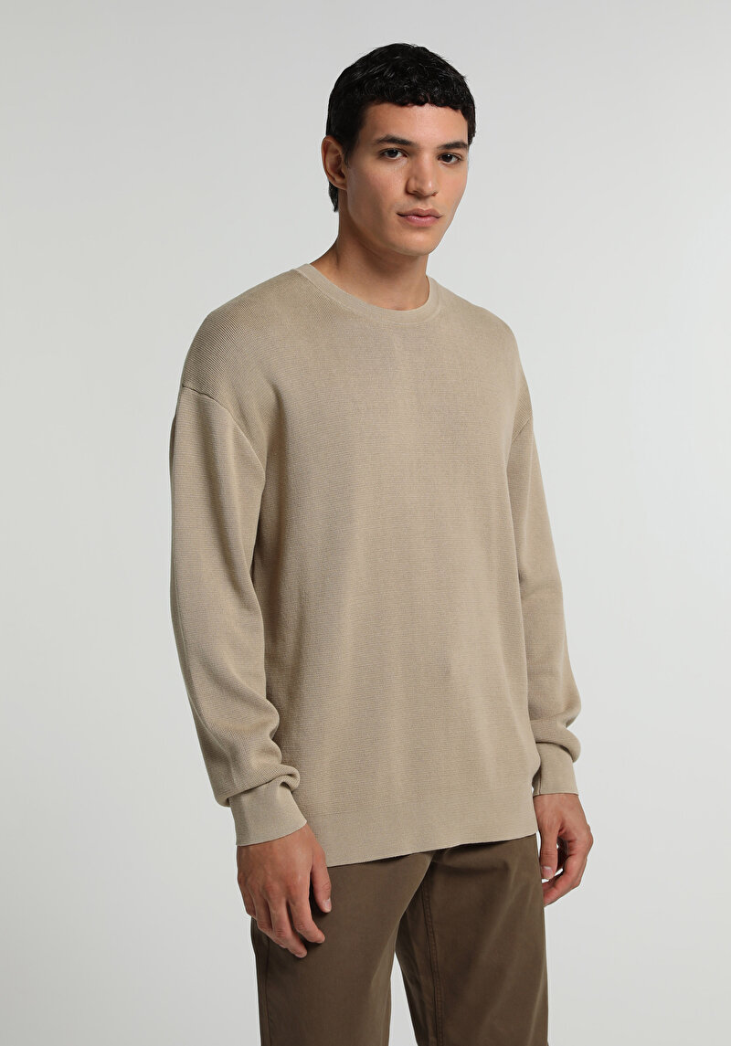 Relaxed Fit Yuvarlak Yaka Düz Erkek Bej Kazak
