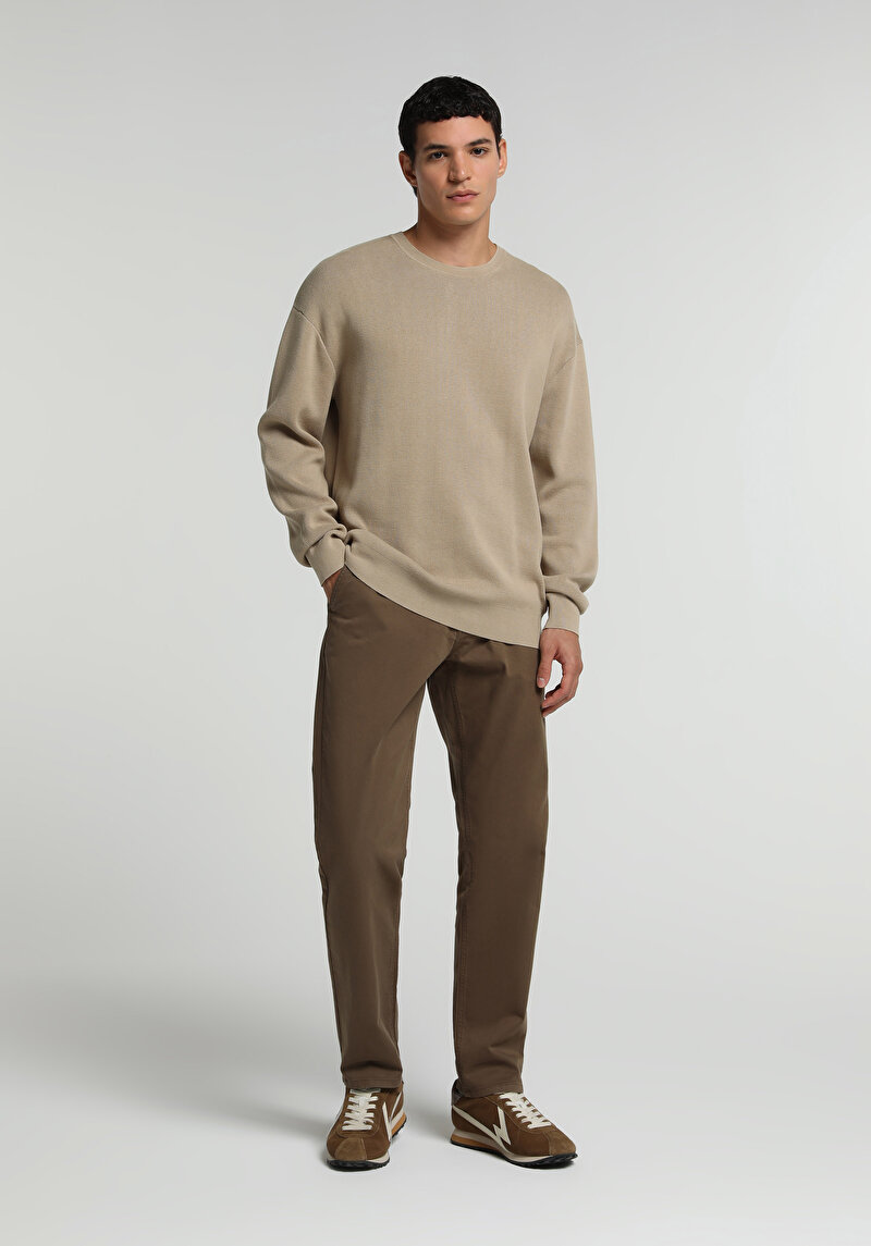Relaxed Fit Yuvarlak Yaka Düz Erkek Bej Kazak