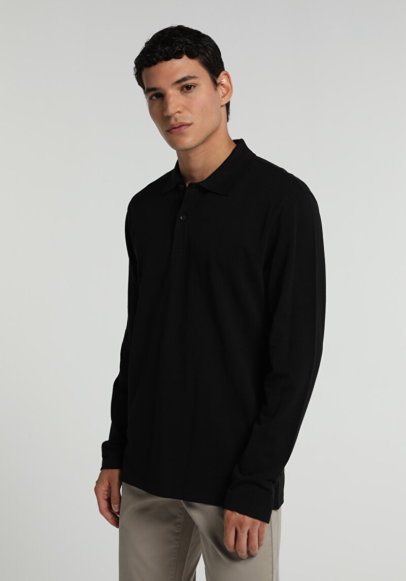 Regular Fit Polo Yaka Düz Erkek Siyah Uzun Kol Tişört