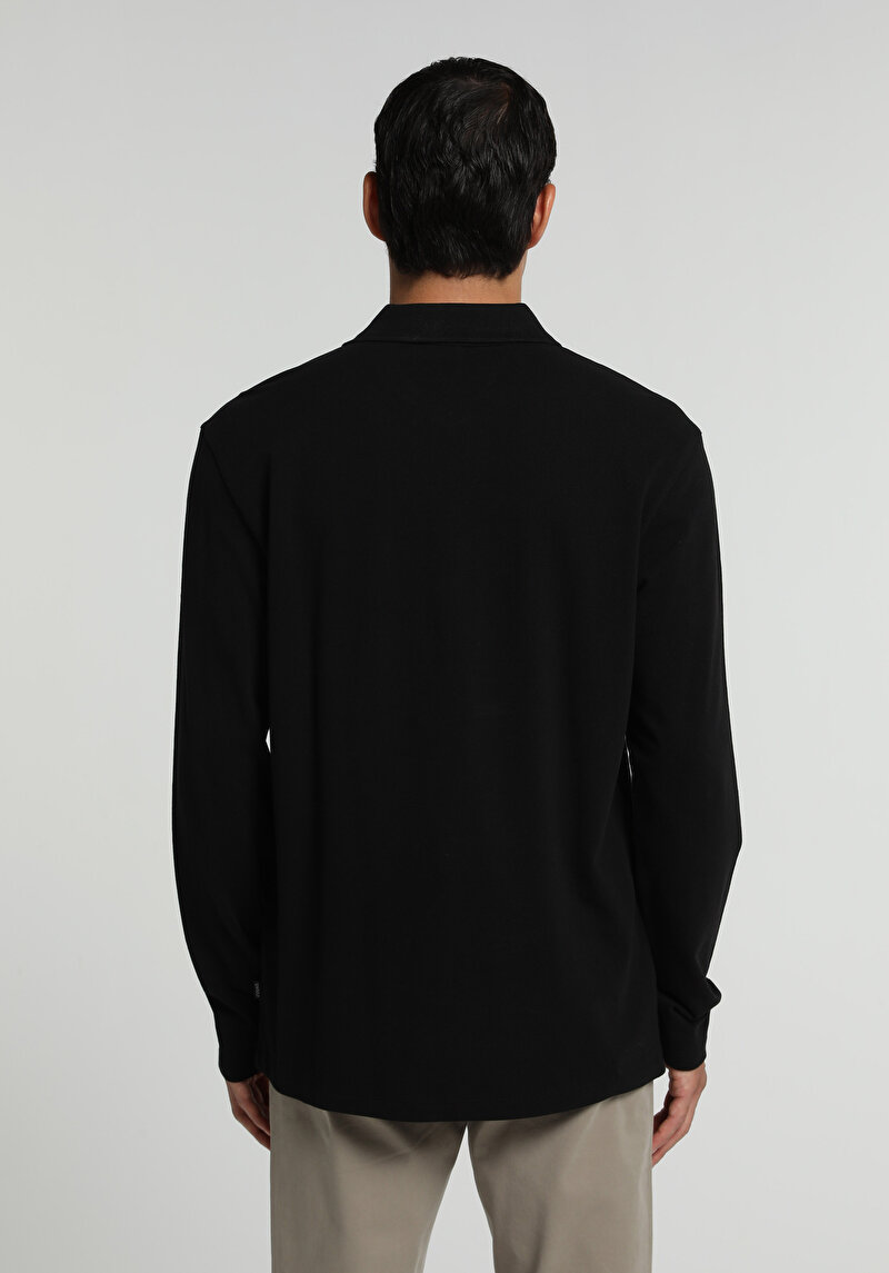 Regular Fit Polo Yaka Düz Erkek Siyah Uzun Kol Tişört