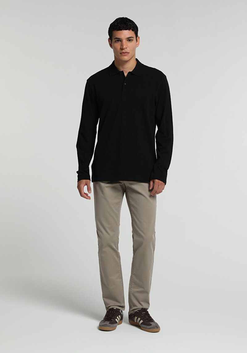 Regular Fit Polo Yaka Düz Erkek Siyah Uzun Kol Tişört