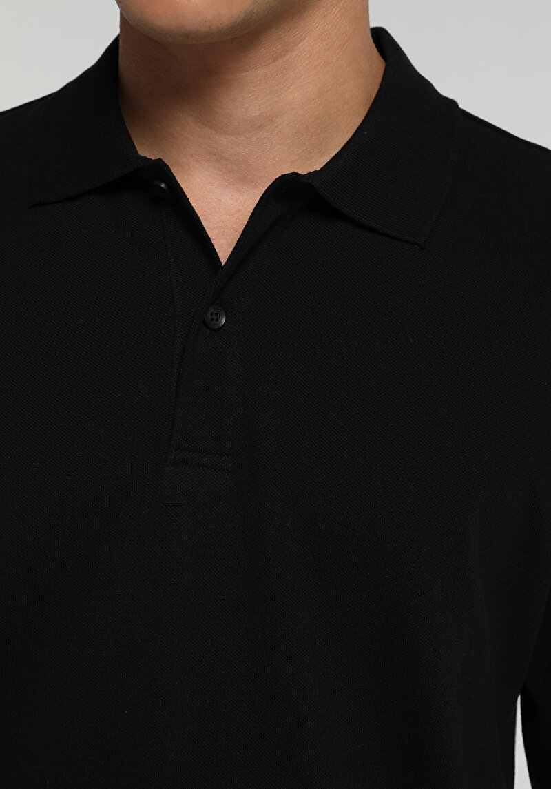 Regular Fit Polo Yaka Düz Erkek Siyah Uzun Kol Tişört