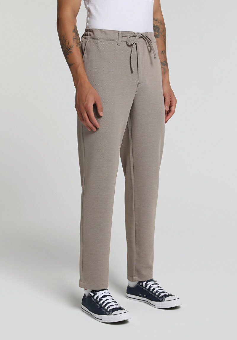 Regular Fit Orta Bel Düz Paça Erkek Bej Pantolon