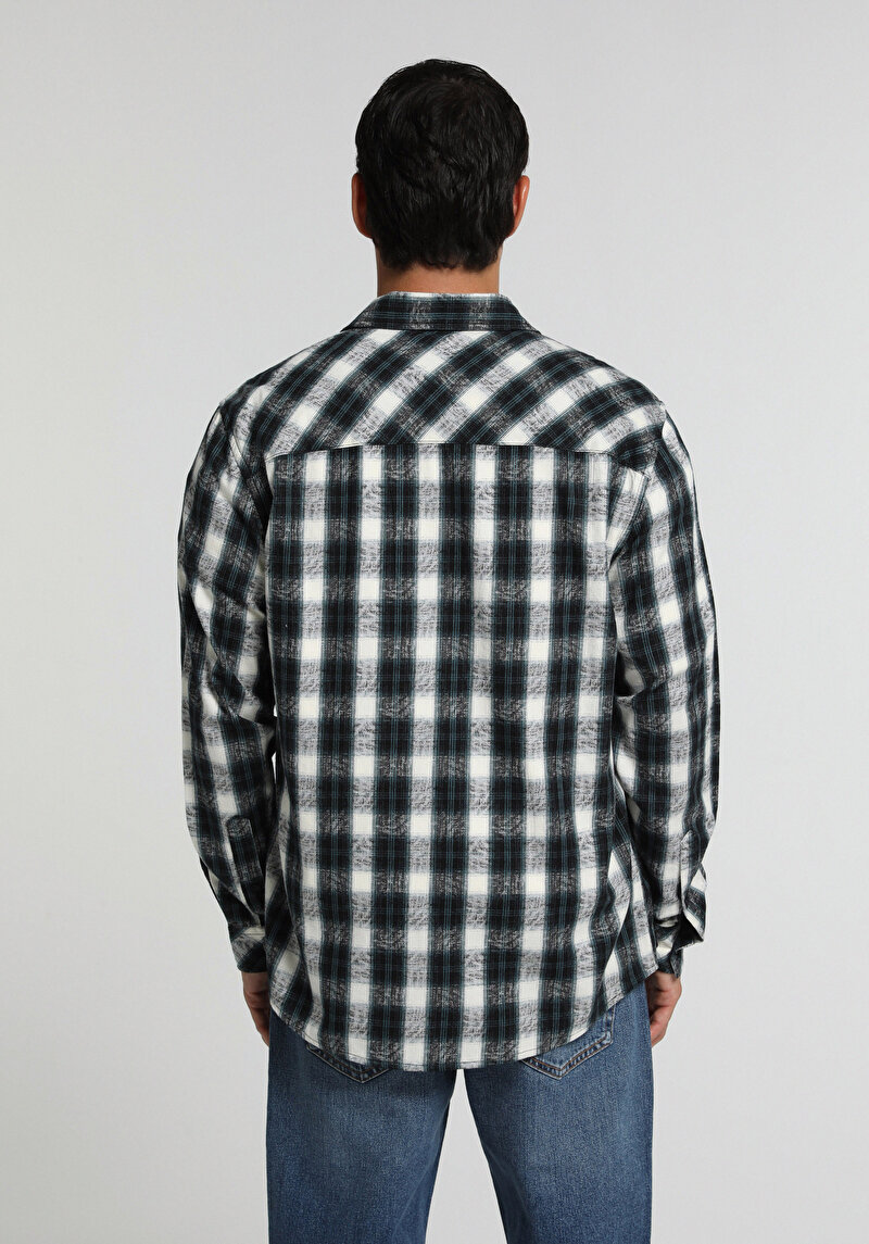Regular Fit Shirt Neck Ekoseli Erkek Yeşil Uzun Kol Gömlek