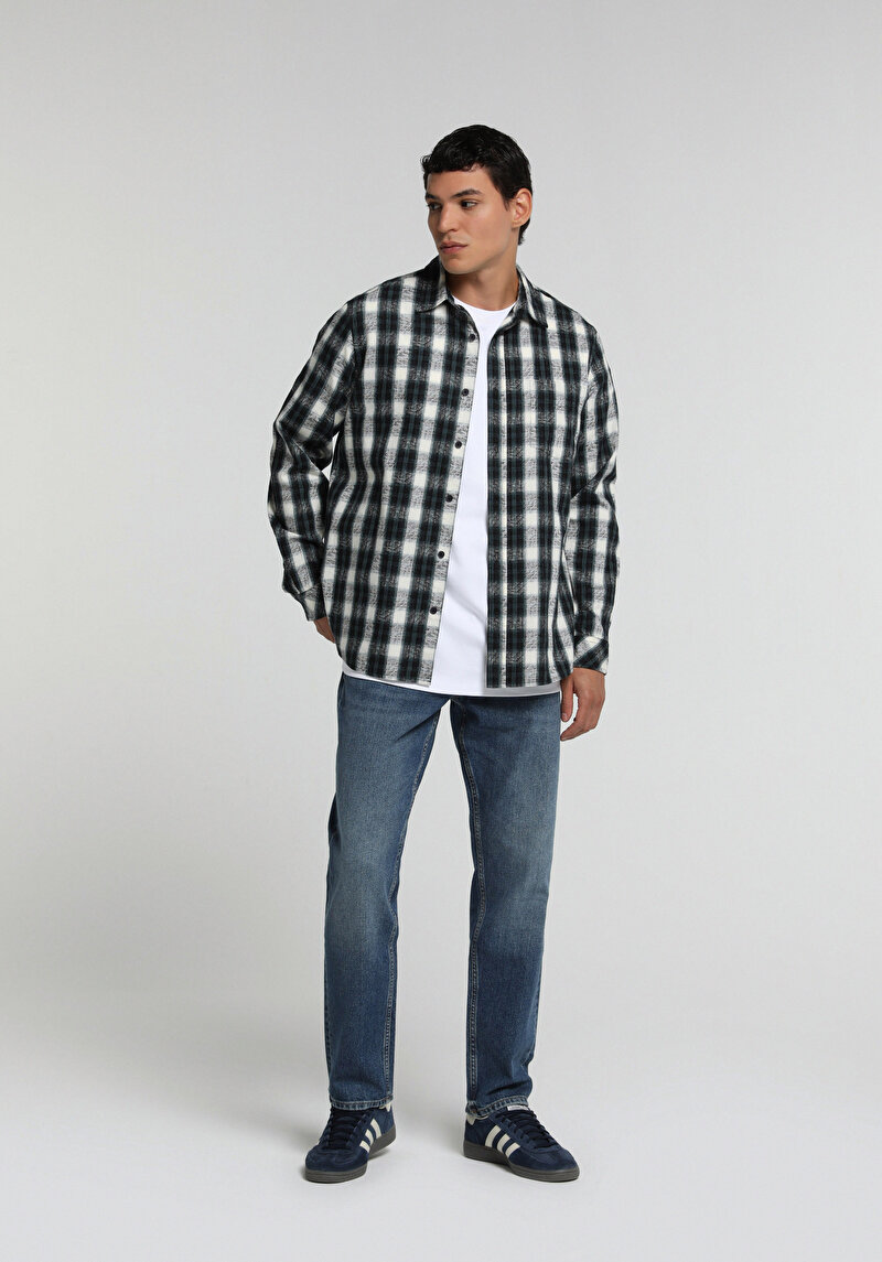 Regular Fit Shirt Neck Ekoseli Erkek Yeşil Uzun Kol Gömlek