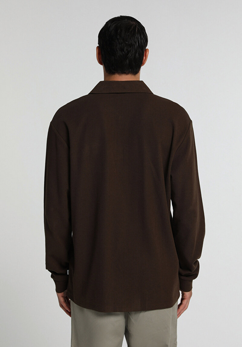 Relaxed Fit Polo Yaka Düz Erkek Kahverengi Uzun Kol Tişört