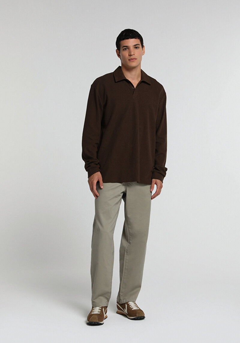 Relaxed Fit Polo Yaka Düz Erkek Kahverengi Uzun Kol Tişört