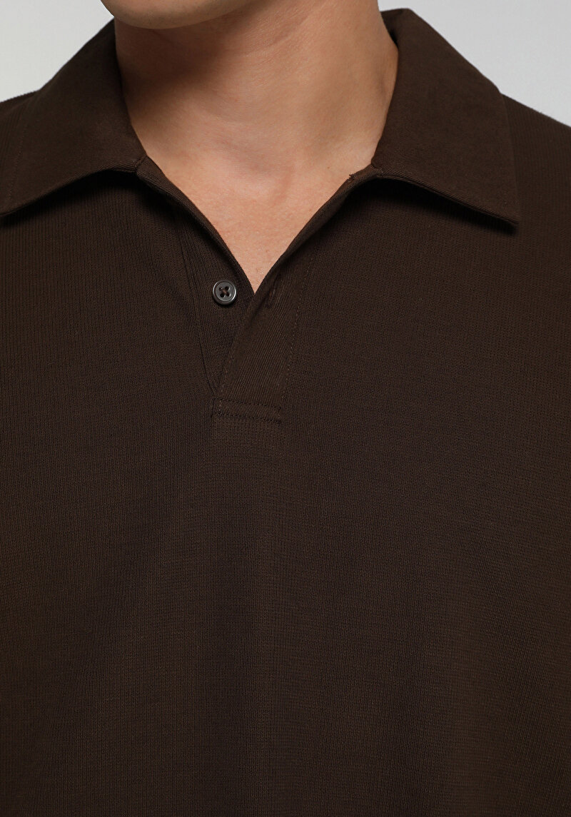 Relaxed Fit Polo Yaka Düz Erkek Kahverengi Uzun Kol Tişört