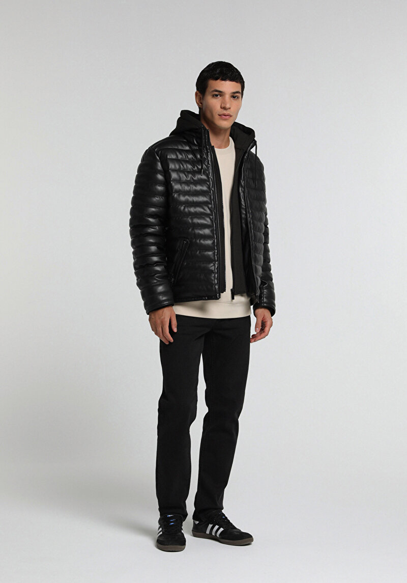 Slim Fit Kapüşonlu Fermuarlı Astarlı Erkek Siyah Mont Pu