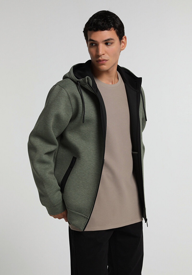 Regular Fit Kapüşonlu Düz Erkek Yeşil Sweatshirt