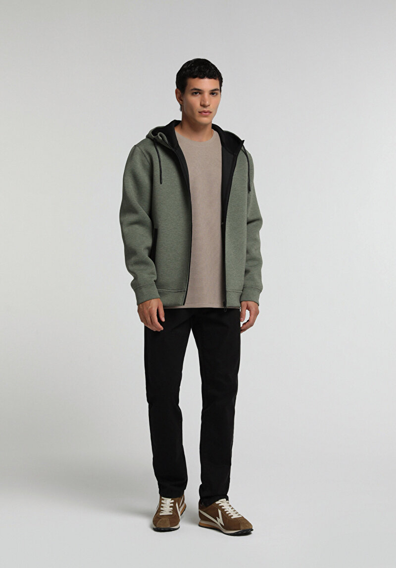 Regular Fit Kapüşonlu Düz Erkek Yeşil Sweatshirt