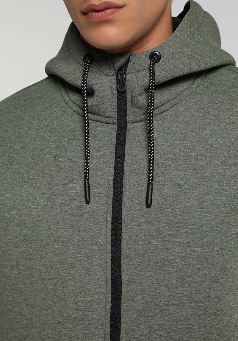 Regular Fit Kapüşonlu Düz Erkek Yeşil Sweatshirt