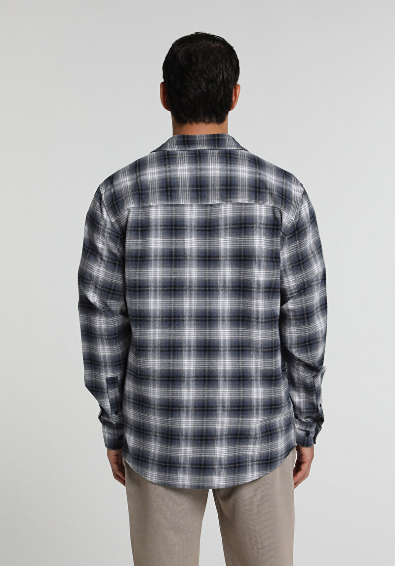 Regular Fit Shirt Neck Ekoseli Erkek Lacivert Uzun Kol Gömlek
