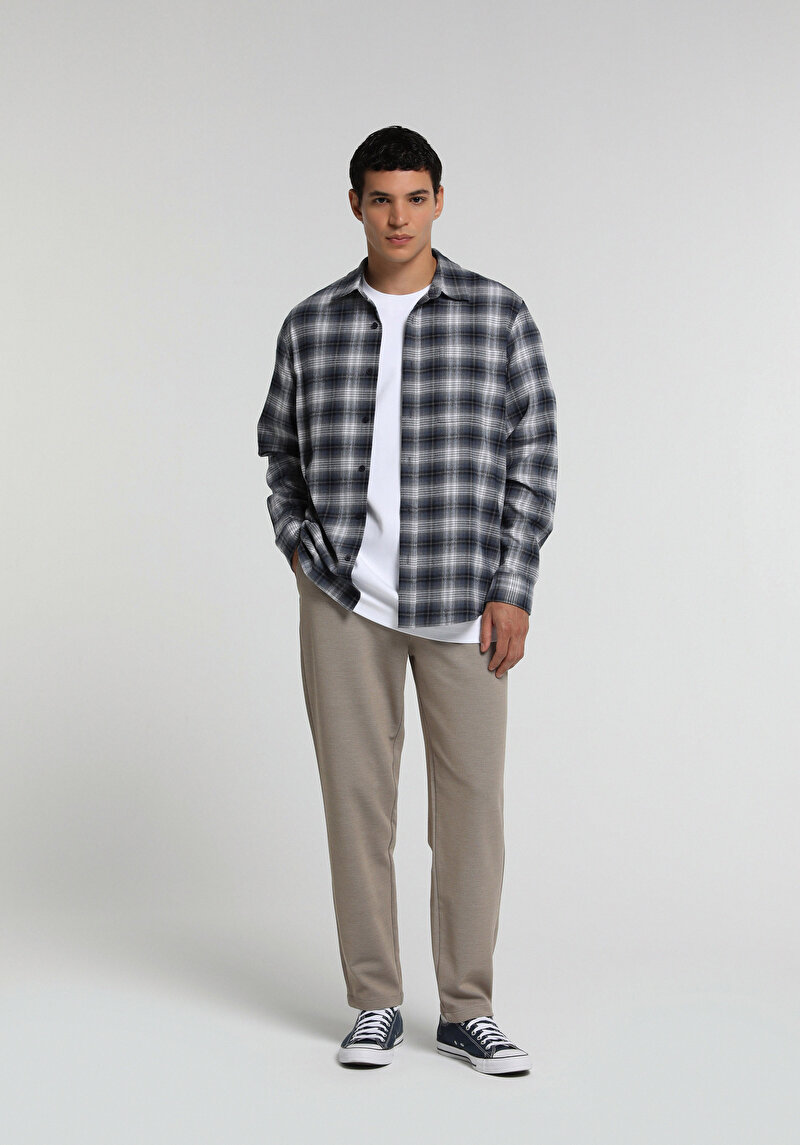 Regular Fit Shirt Neck Ekoseli Erkek Lacivert Uzun Kol Gömlek