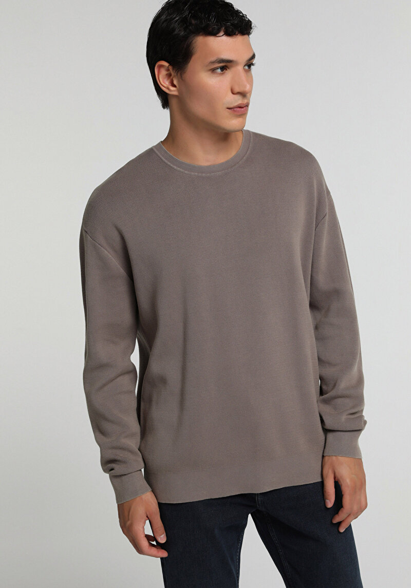 Relaxed Fit Yuvarlak Yaka Düz Erkek Kahverengi Kazak