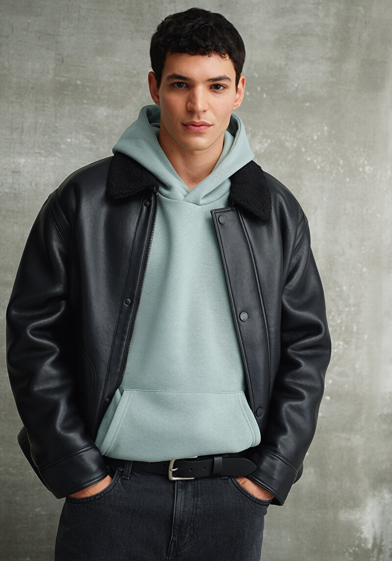 Relaxed Fit Kapüşonlu Düz Erkek Yeşil Sweatshirt