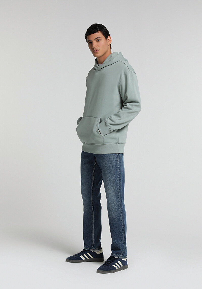 Relaxed Fit Kapüşonlu Düz Erkek Yeşil Sweatshirt